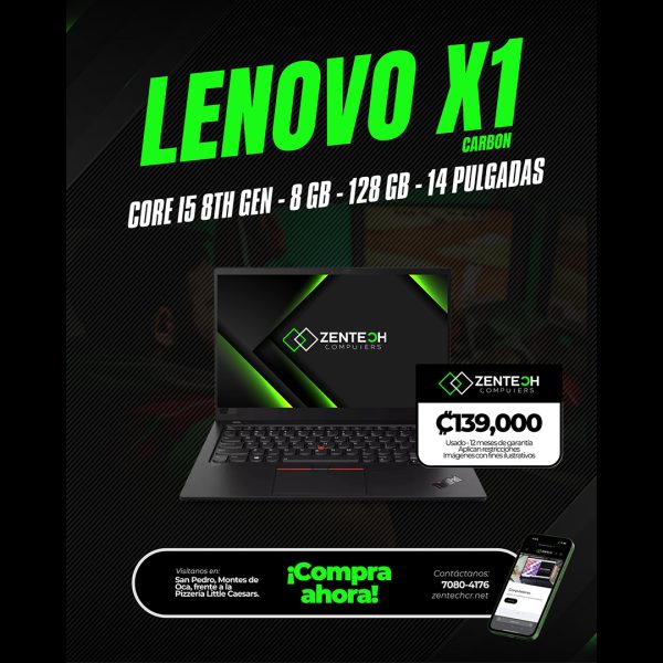 Laptop Ultraligera LENOVO ThinkPad X1 Carbon Core i5 8va Gen 8GB 128GB SSD Usada