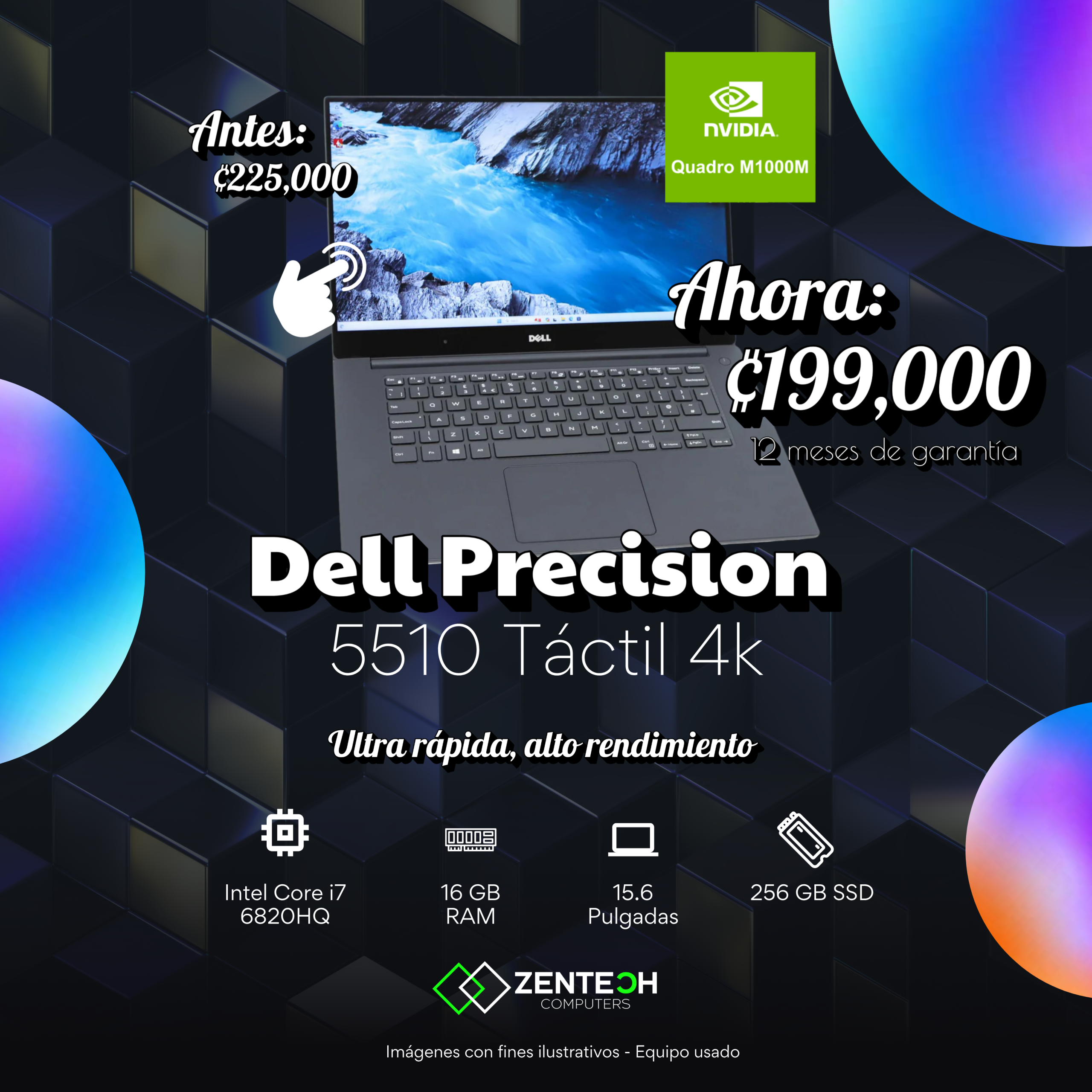 Laptop DELL Precision 5510 Core i7 6820HQ 16GB 256GB SSD 15.6" Táctil 4K Nvidia Quadro Usada - Imagen 3