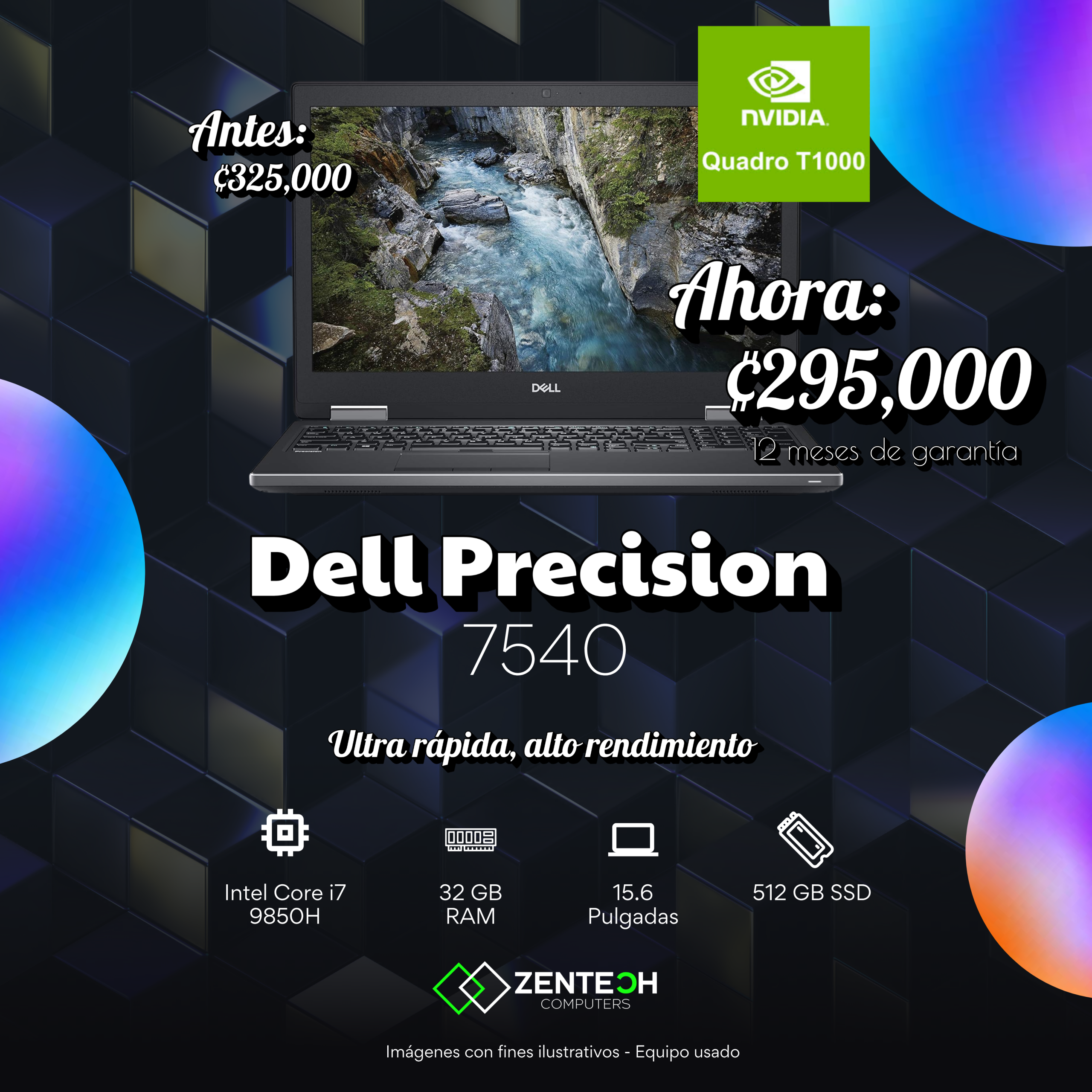 Laptop DELL Precision 7540 Core i7 9850H 32GB 512GB SSD 15.6" Nvidia Quadro T1000 4GB Usada - Imagen 3