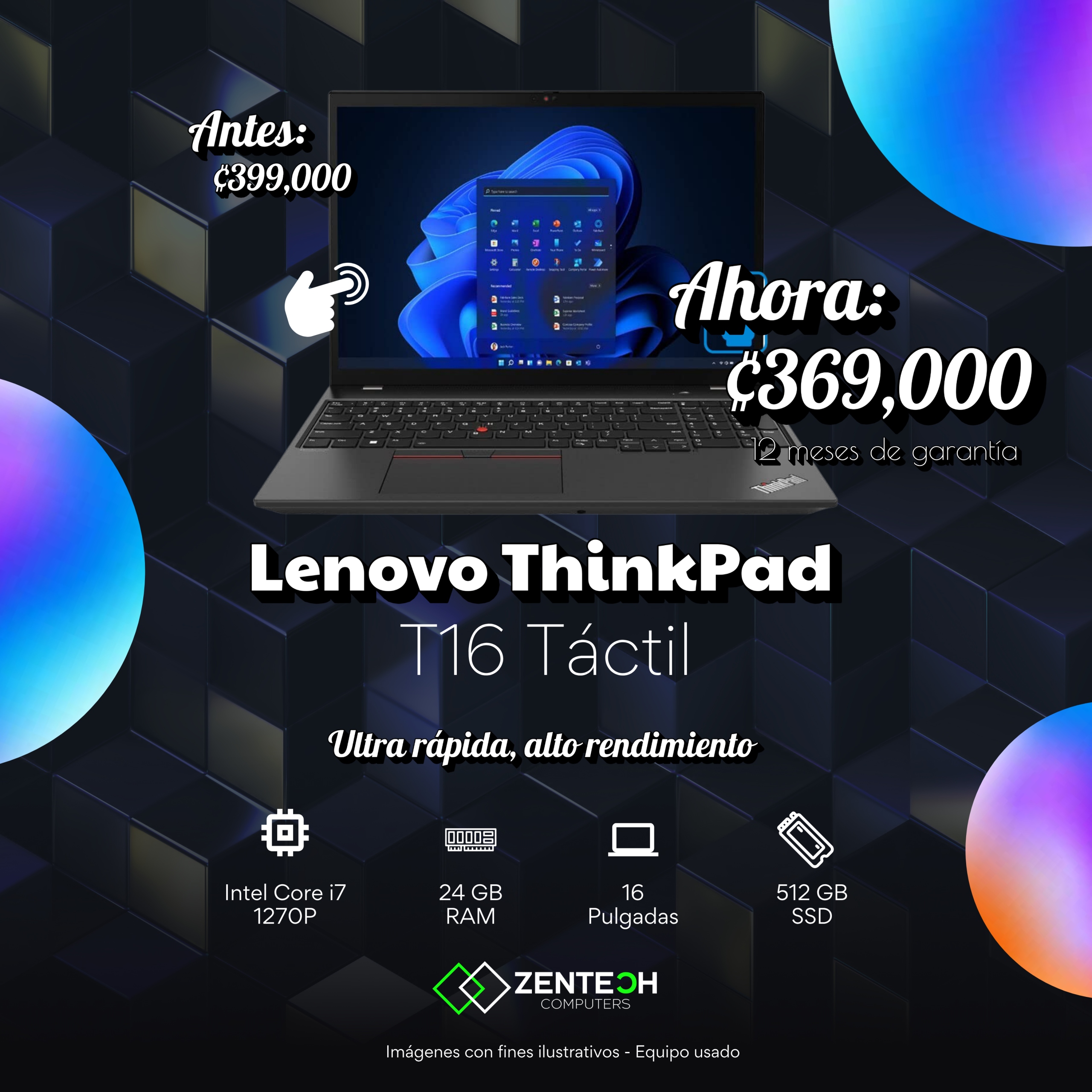 Laptop Lenovo ThinkPad T16 Intel Core i7 12va Generación Táctil Usada - Imagen 3