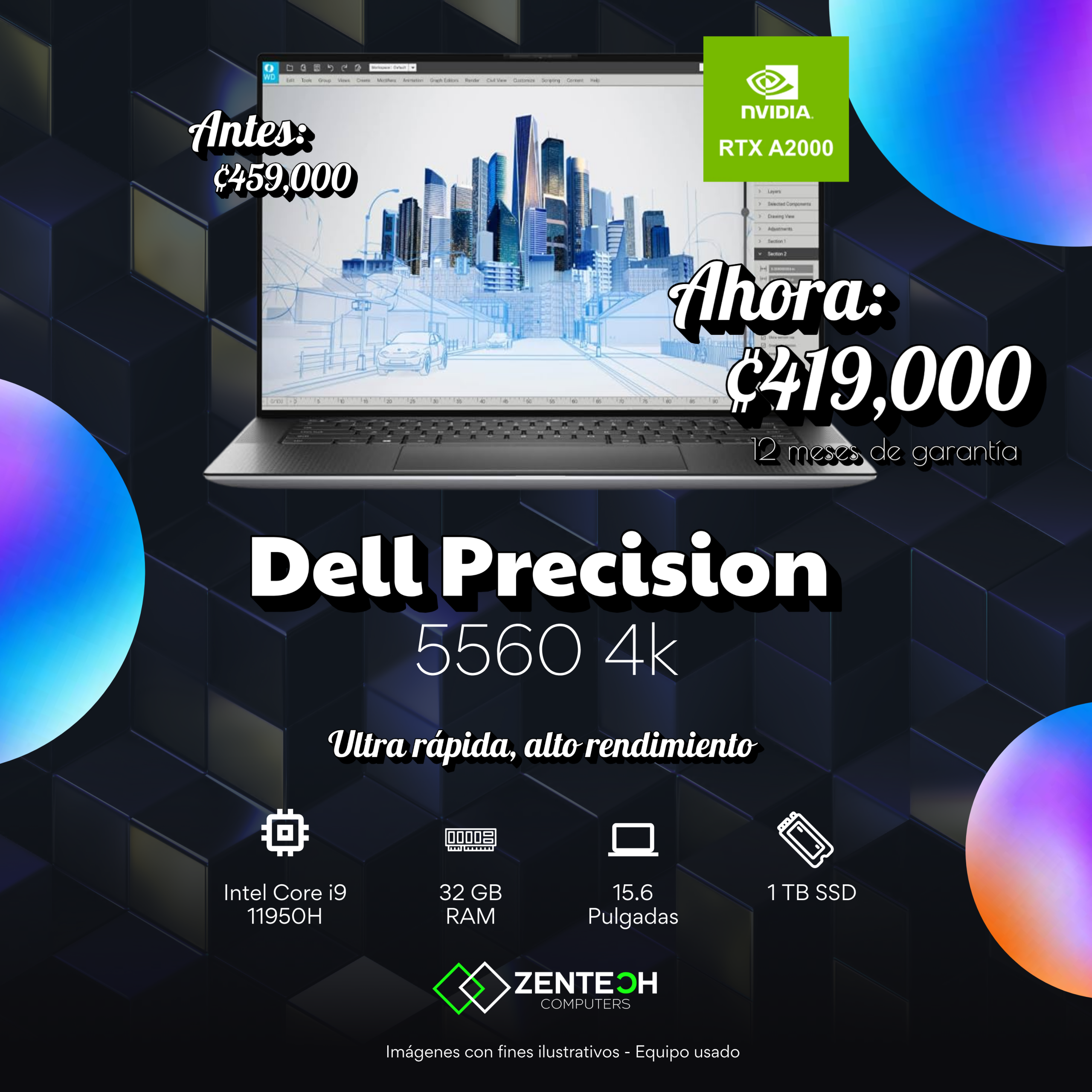 Laptop DELL Precision 5560 Workstation Core i9 11950H 32GB 1TB SSD 15.6" 4K Nvidia RTX A2000 4GB Usada - Imagen 4