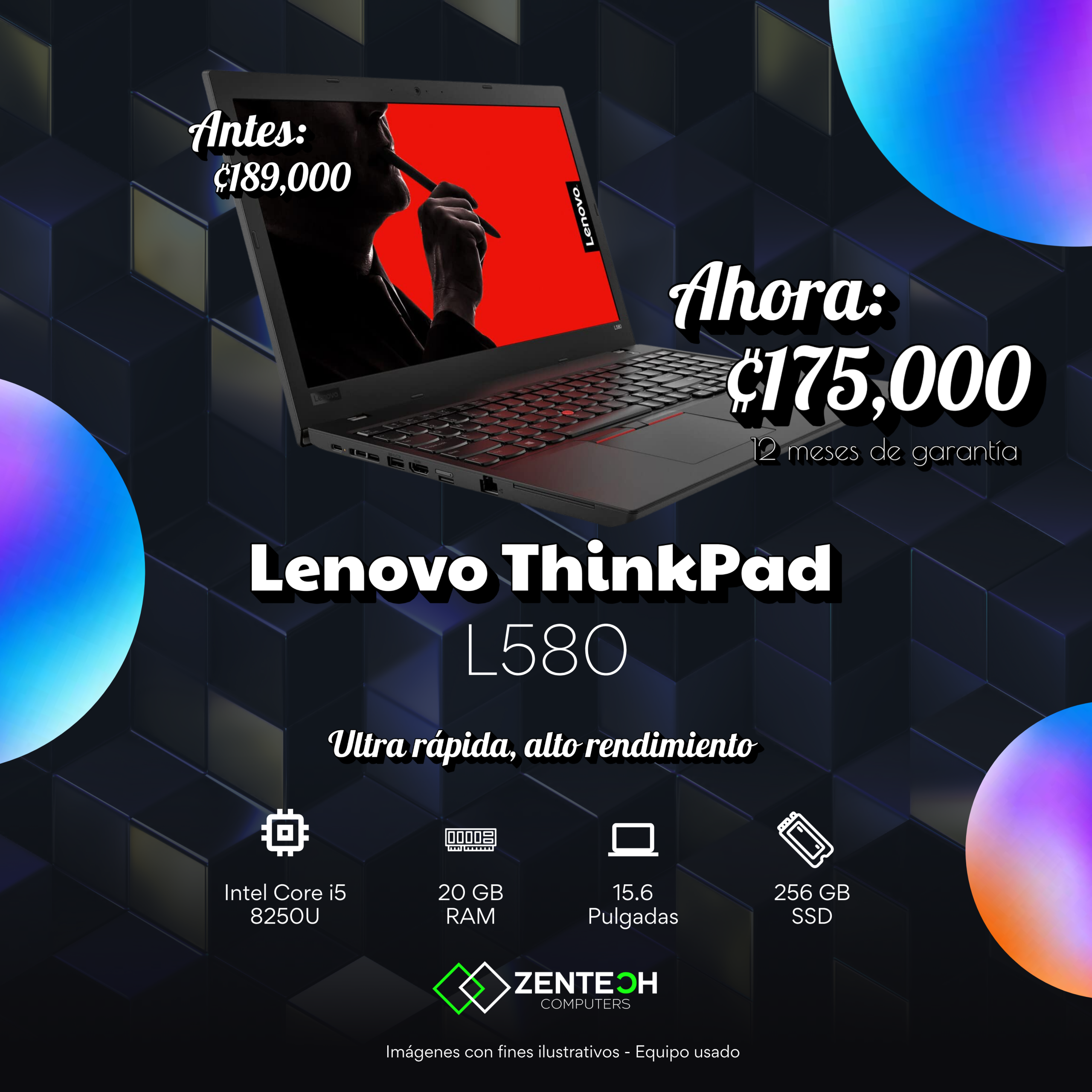 Laptop Lenovo ThinkPad L580 Core i5 8250U 20GB 256GB SSD 15.6" Usada - Imagen 3