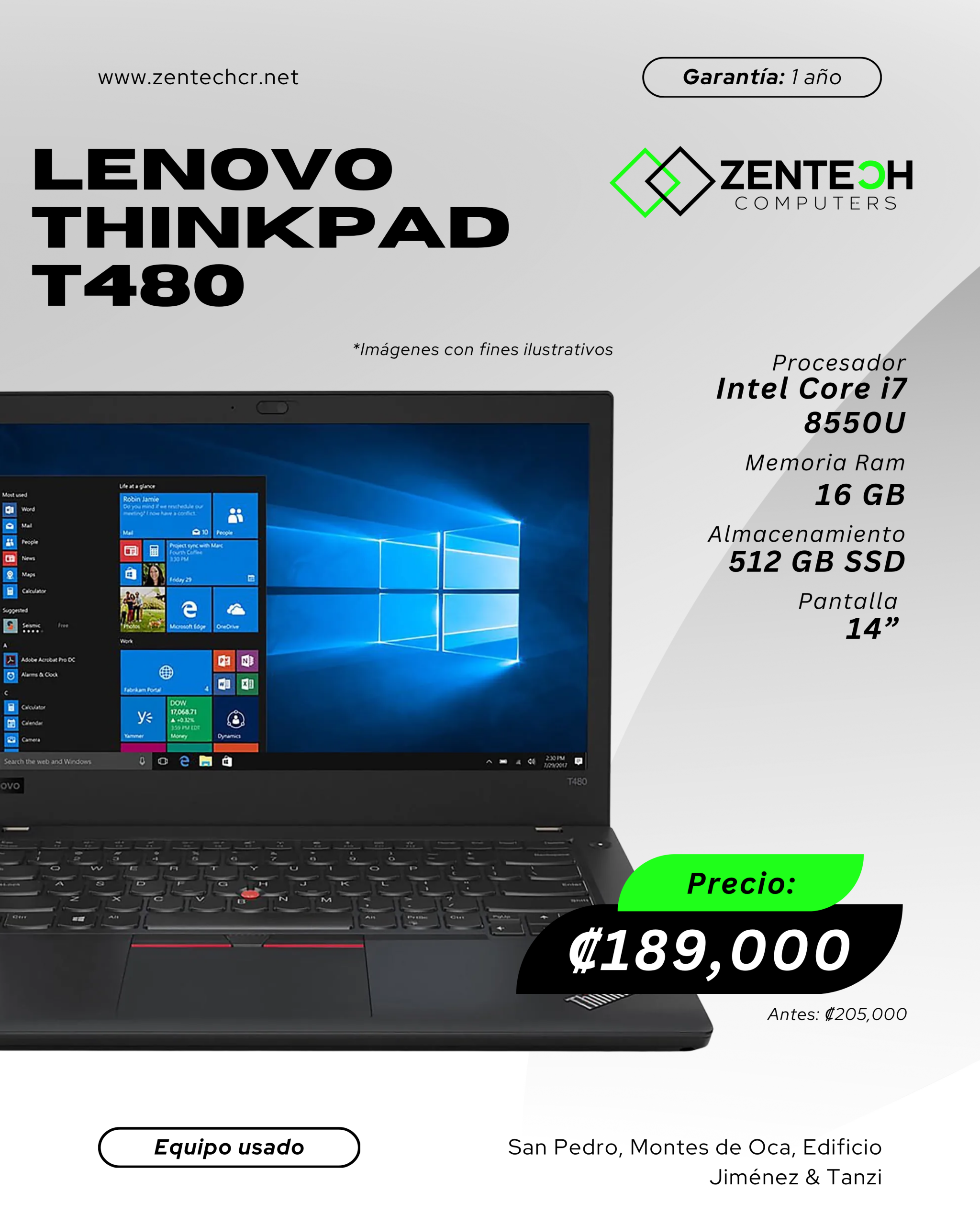 Laptop Usada Lenovo T480 CORE i7 8550U 16GB/512GB SSD/14" 1 Año de Garantía - Imagen 3